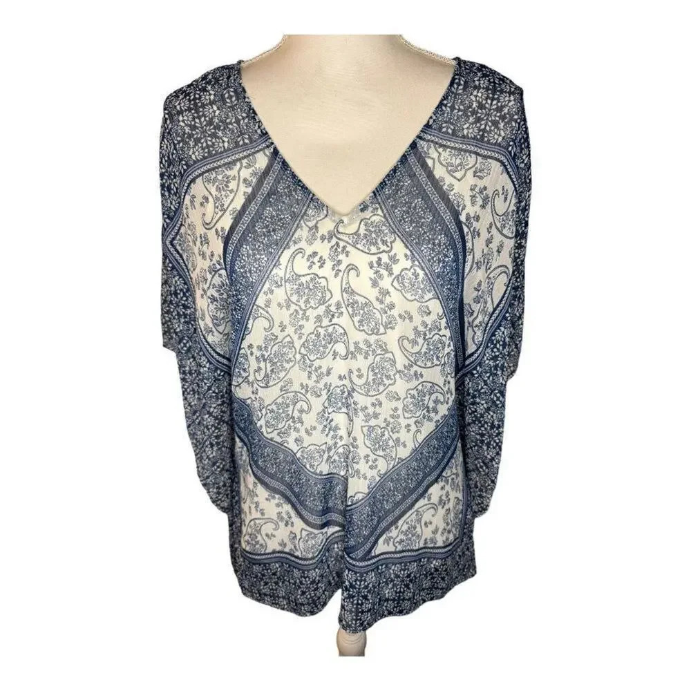 Blue Paisley Print V Neck Kimono Sleeve Blouse Top NWOT